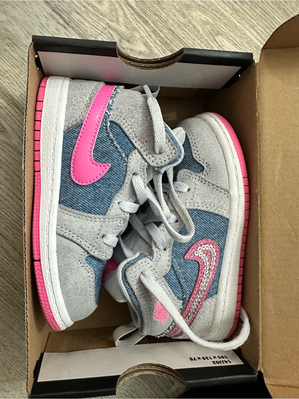 Jordan Kids Grey Denim & Pink Sneakers with Hot Pink Swoosh